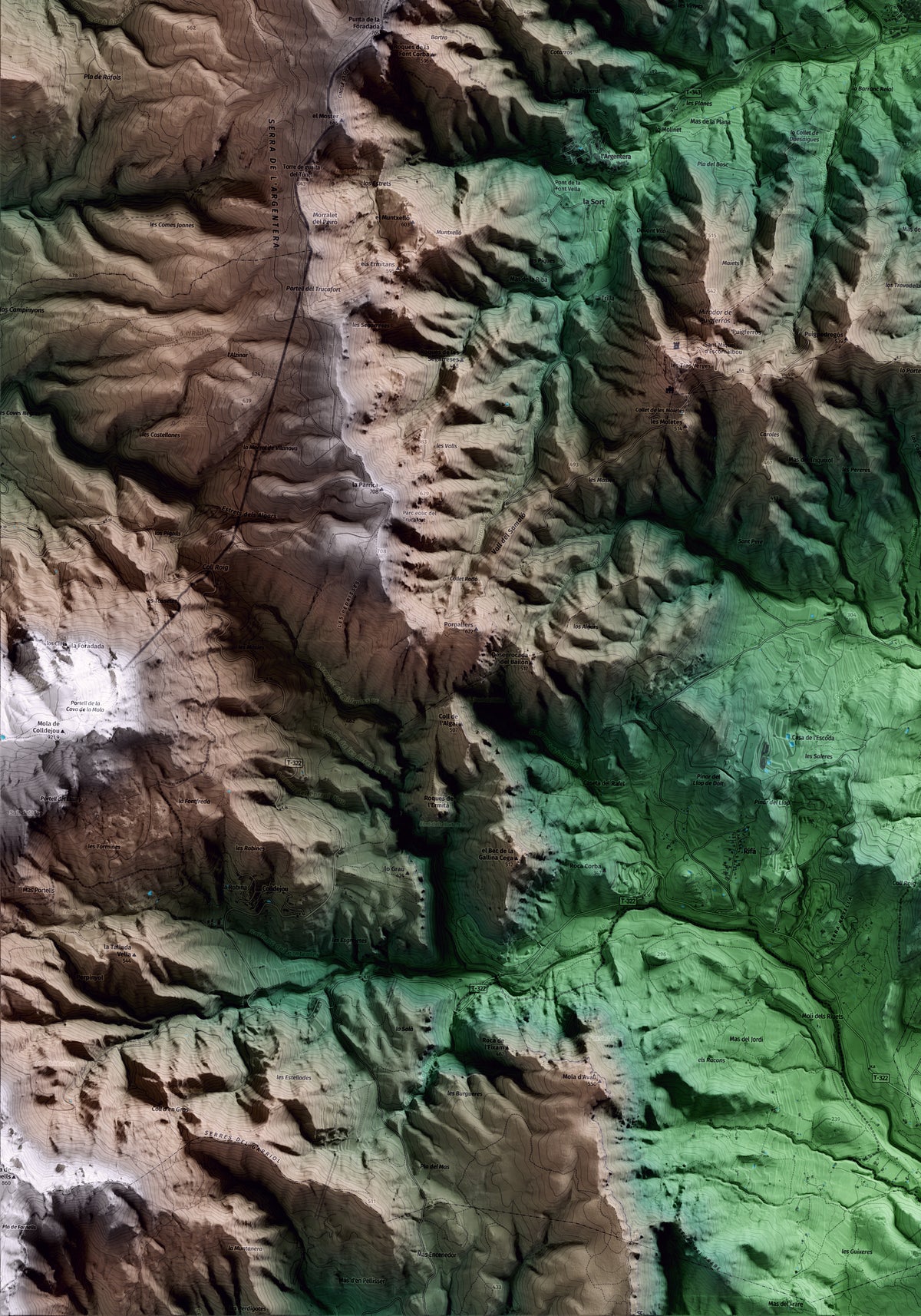Mapa artístico del relieve de Duesaigües, al Baix Camp, con 15 km de entorno y base topográfica ICGC. Detalle de la zona inferior izquierda.