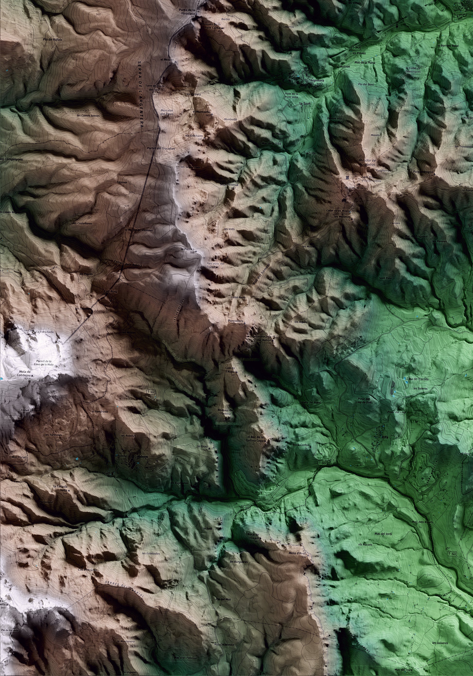 Mapa artístico del relieve de Duesaigües, al Baix Camp, con 15 km de entorno y base topográfica ICGC. Detalle de la zona inferior izquierda.