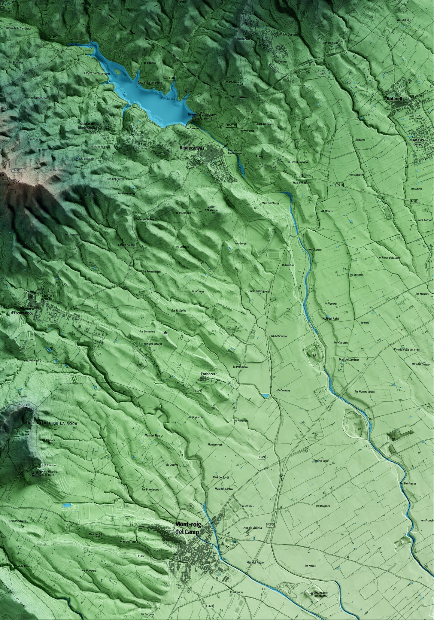Mapa artístico del relieve de Duesaigües, al Baix Camp, con 15 km de entorno y base topográfica ICGC. Detalle de la zona inferior derecha.