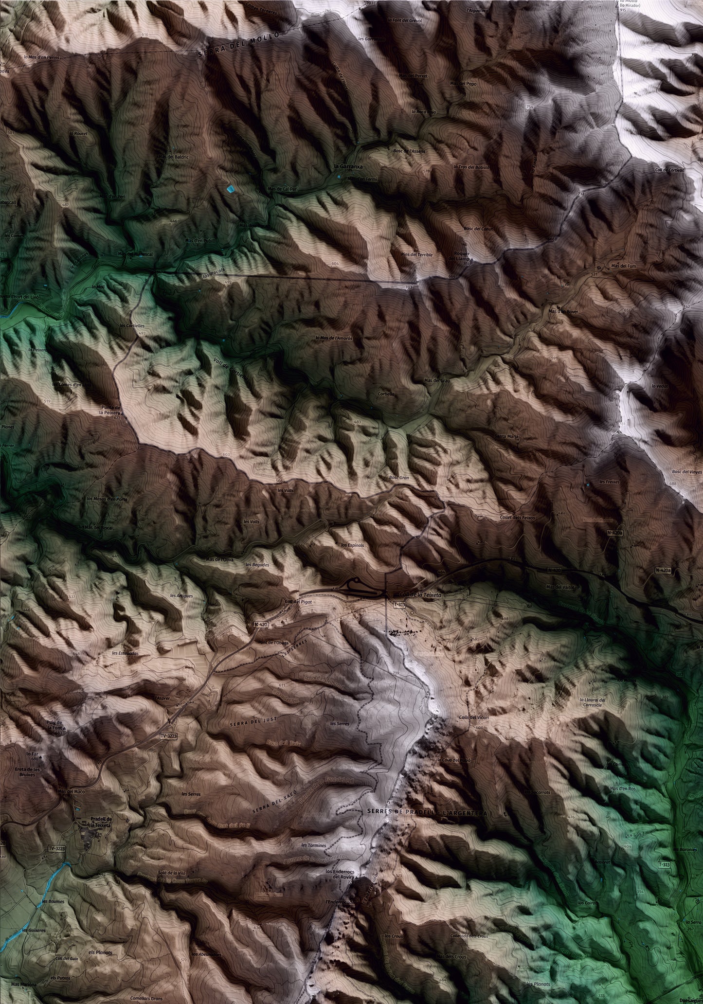Mapa artístico del relieve de Duesaigües, al Baix Camp, con 15 km de entorno y base topográfica ICGC. Detalle de la zona superior izquierda.