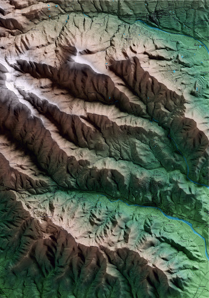 Mapa artístico del relieve de Duesaigües, al Baix Camp, con 15 km de entorno y base topográfica ICGC. Detalle de la zona superior derecha.