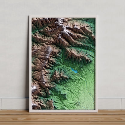 Mapa artístico del relieve de Duesaigües, al Baix Camp, con 15 km de entorno y base topográfica ICGC. Presentación enmarcada.
