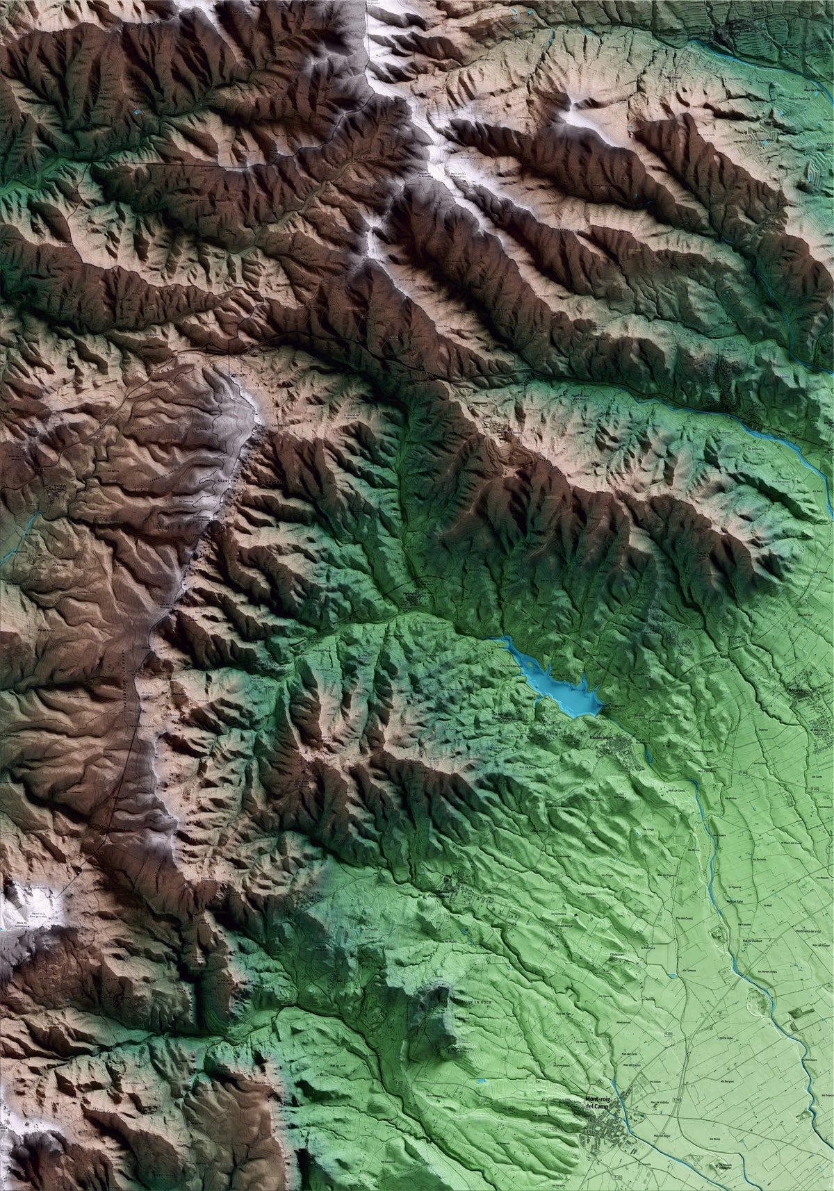 Mapa artístico del relieve de Duesaigües, al Baix Camp, con 15 km de entorno y base topográfica ICGC