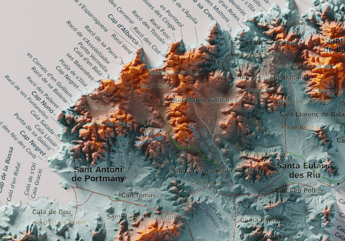 Edició octubre 2026 · Mapa topogràfic de Eivissa, Blau i taronja, 21 × 30 cm: detall de la costa nord-oest.