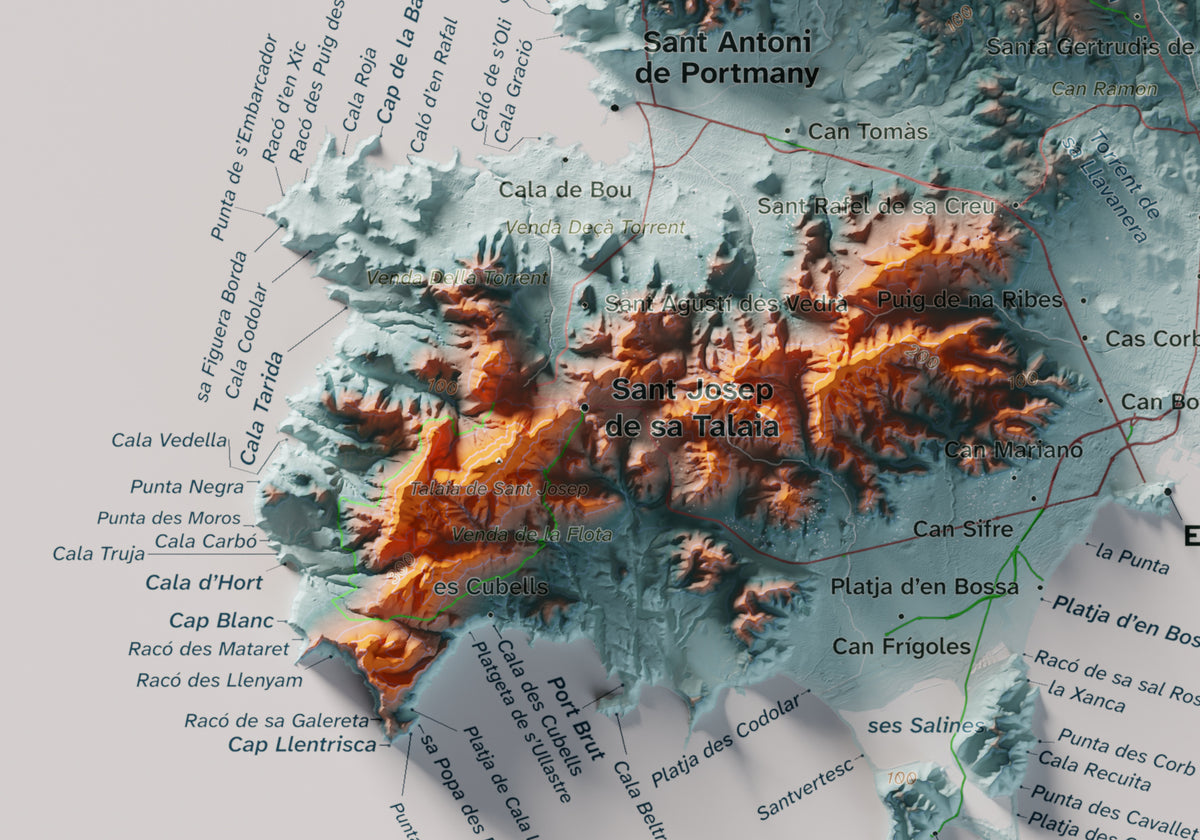 Edició octubre 2026 · Mapa topogràfic de Eivissa, Blau i taronja, 21 × 30 cm: detall de la costa sud-oest.