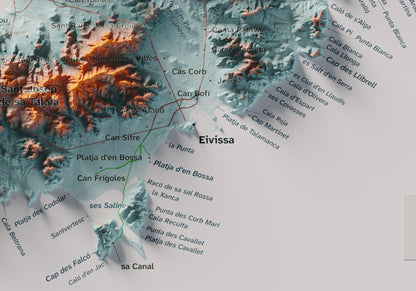 Edició octubre 2026 · Mapa topogràfic de Eivissa, Blau i taronja, 21 × 30 cm: detall de la costa sud-est.