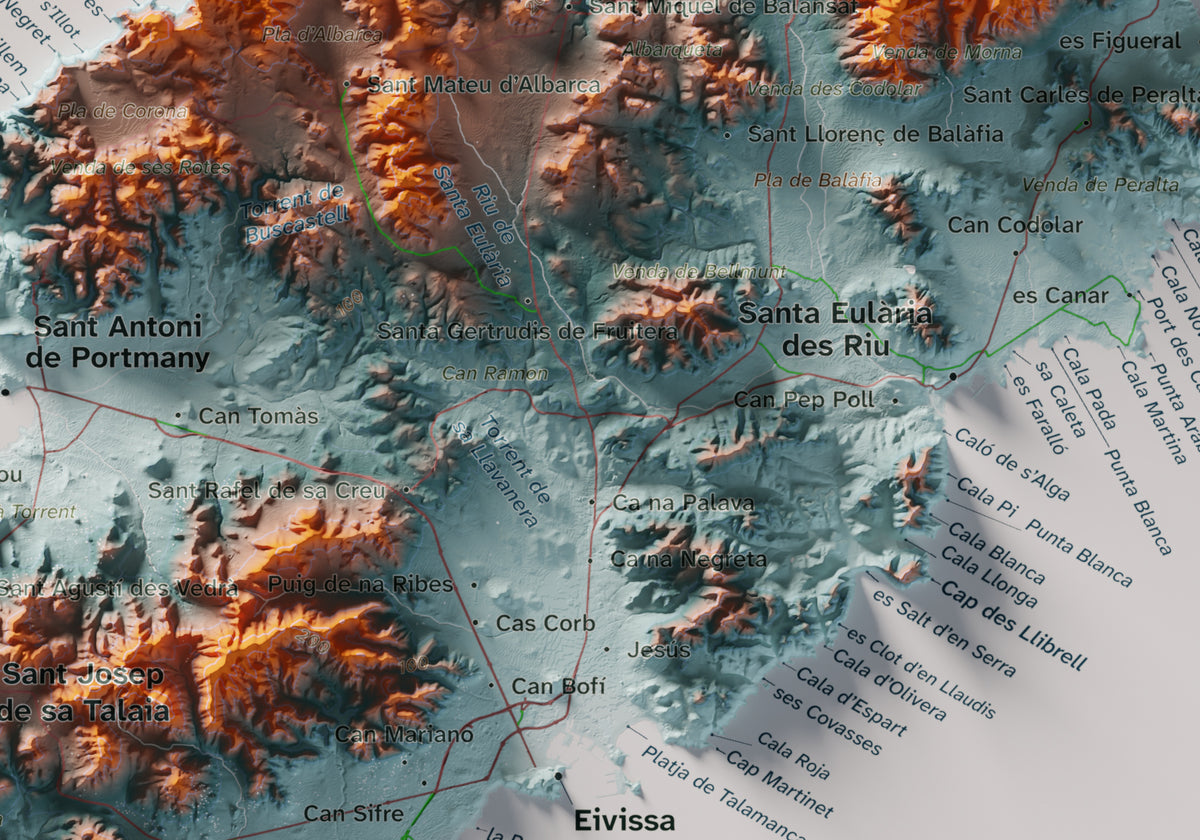 Edició octubre 2026 · Mapa topogràfic de Eivissa, Blau i taronja, 21 × 30 cm: detall central.