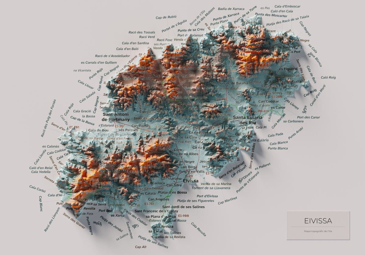 Mapa topogràfic d’Eivissa, Blau i taronja, 21 × 30 cm: mapa complet.