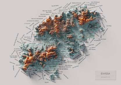 Mapa topogràfic d’Eivissa, Blau i taronja, 21 × 30 cm: mapa complet.
