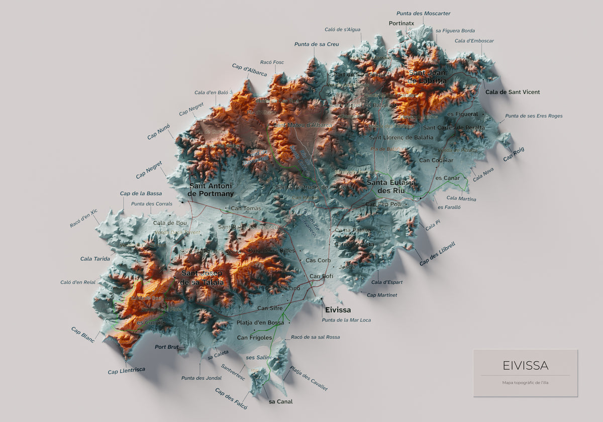 Edición revisada · Mapa topográfico de Ibiza (Eivissa), Azul y naranja, 21 × 30 cm: mapa completo.