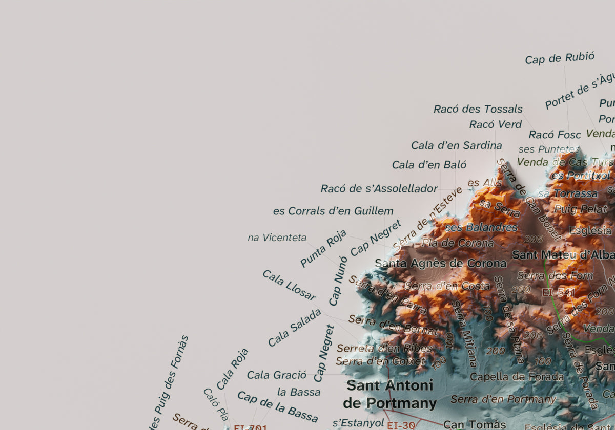 Mapa topogràfic d’Eivissa, Blau i taronja, 21 × 30 cm: detall superior esquerre.