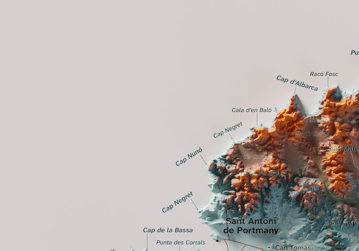 Edición revisada · Mapa topográfico de Ibiza (Eivissa), Azul y naranja, 21 × 30 cm: detalle superior izquierdo.