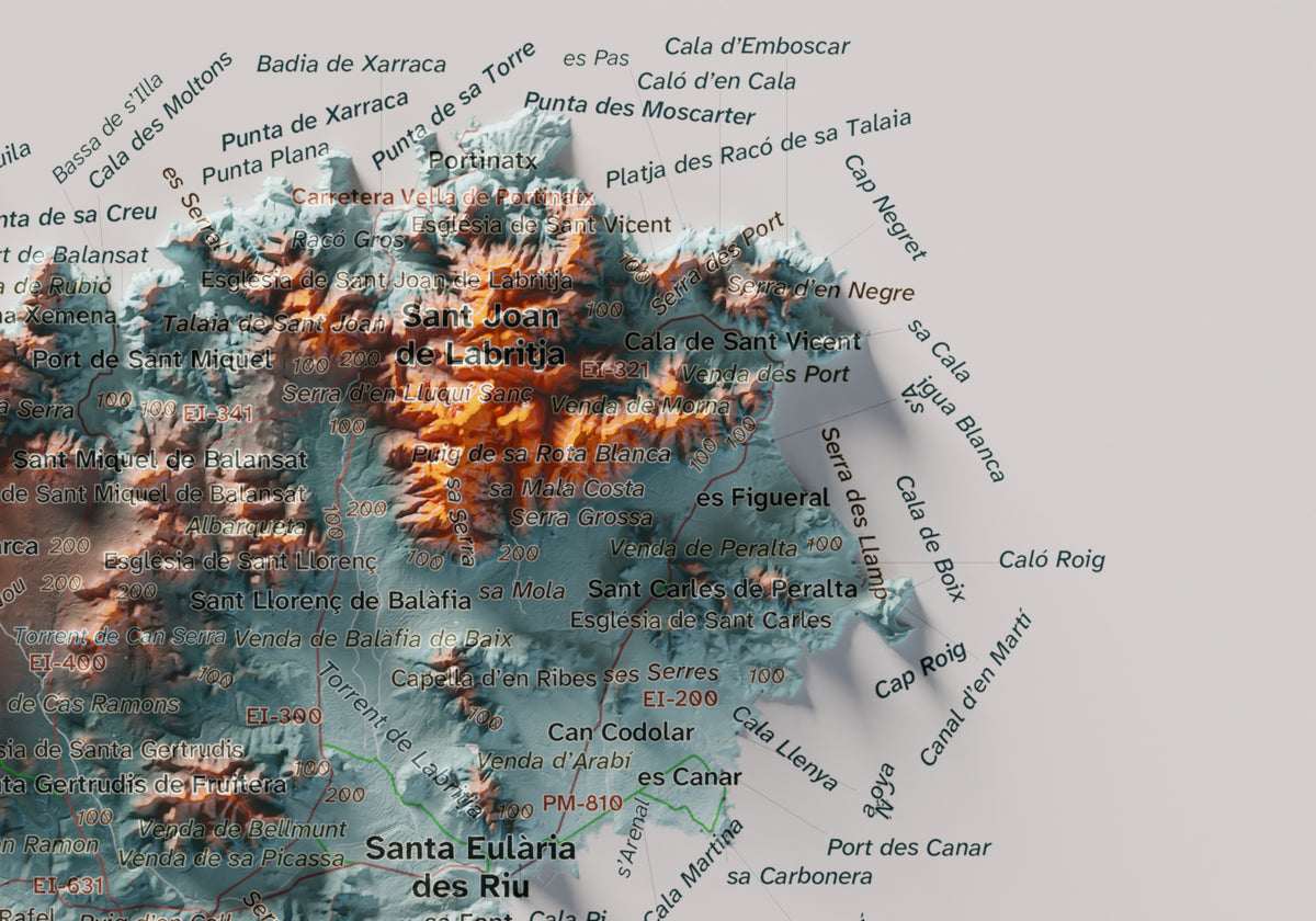 Mapa topogràfic d’Eivissa, Blau i taronja, 21 × 30 cm: detall superior dret.
