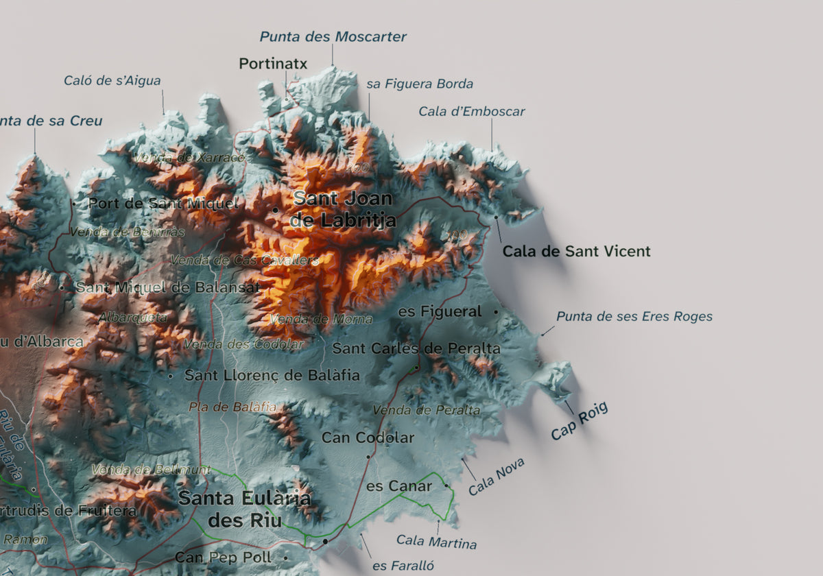 Edición revisada · Mapa topográfico de Ibiza (Eivissa), Azul y naranja, 21 × 30 cm: detalle superior derecho.
