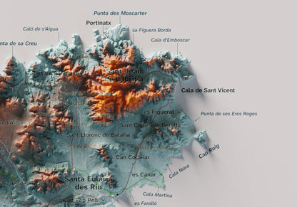 Edición revisada · Mapa topográfico de Ibiza (Eivissa), Azul y naranja, 21 × 30 cm: detalle superior derecho.