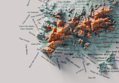 Mapa topogràfic d’Eivissa, Blau i taronja, 21 × 30 cm: detall inferior esquerre.