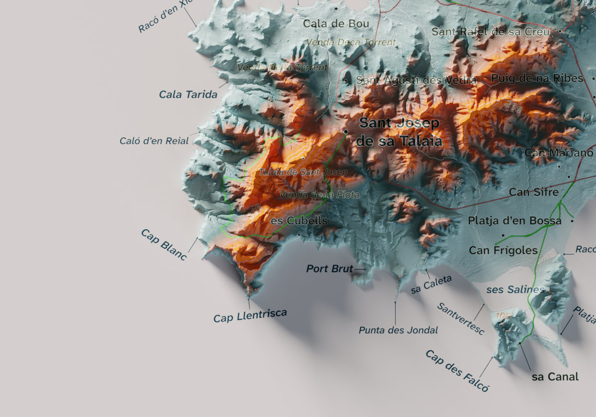 Edición revisada · Mapa topográfico de Ibiza (Eivissa), Azul y naranja, 21 × 30 cm: detalle inferior izquierdo.