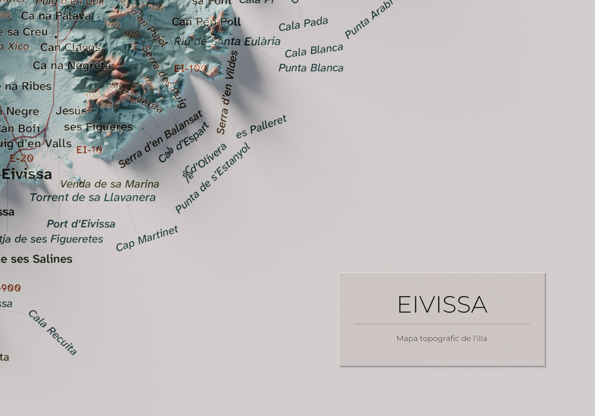 Mapa topogràfic d’Eivissa, Blau i taronja, 21 × 30 cm: detall inferior dret.
