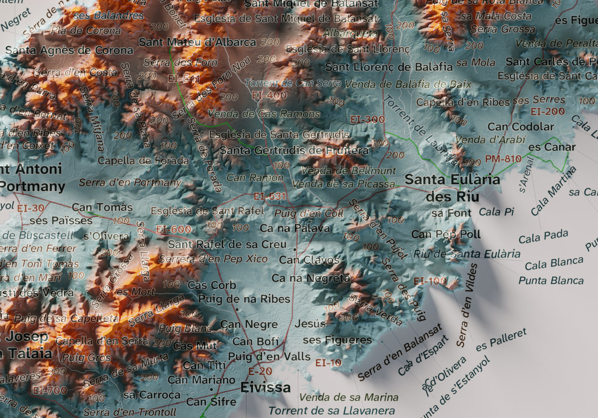 Mapa topogràfic d’Eivissa, Blau i taronja, 21 × 30 cm: detall central.