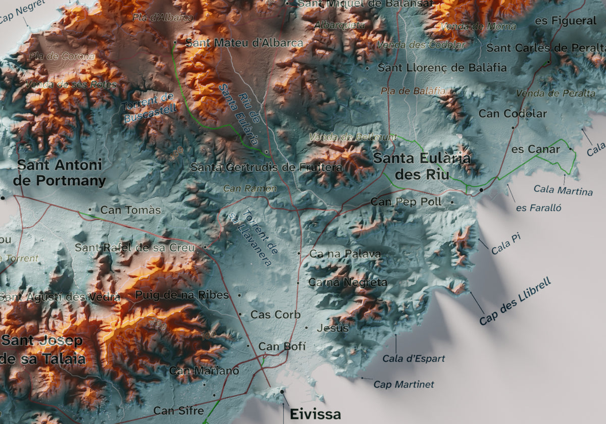 Edición revisada · Mapa topográfico de Ibiza (Eivissa), Azul y naranja, 21 × 30 cm: detalle central.