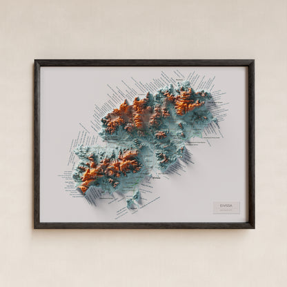 Edició octubre 2026 · Mapa topogràfic de Eivissa, Blau i taronja, 30 × 40 cm: presentació en marc negre (marc no inclòs).