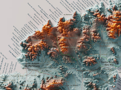 Edició octubre 2026 · Mapa topogràfic de Eivissa, Blau i taronja, 30 × 40 cm: detall de la costa nord-oest.