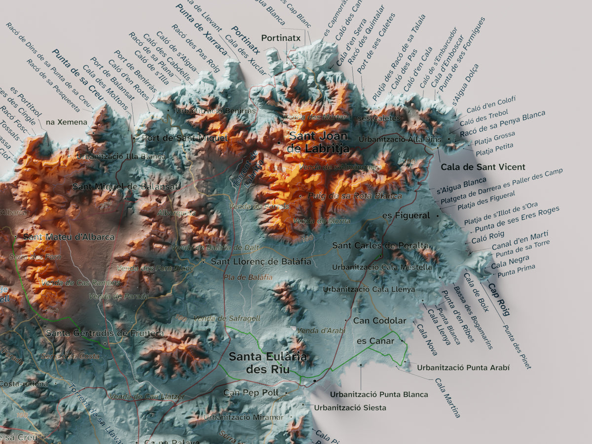 Edició octubre 2026 · Mapa topogràfic de Eivissa, Blau i taronja, 30 × 40 cm: detall de la costa nord-est.