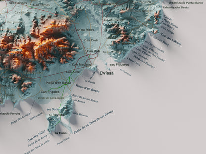 Edició octubre 2026 · Mapa topogràfic de Eivissa, Blau i taronja, 30 × 40 cm: detall de la costa sud-est.