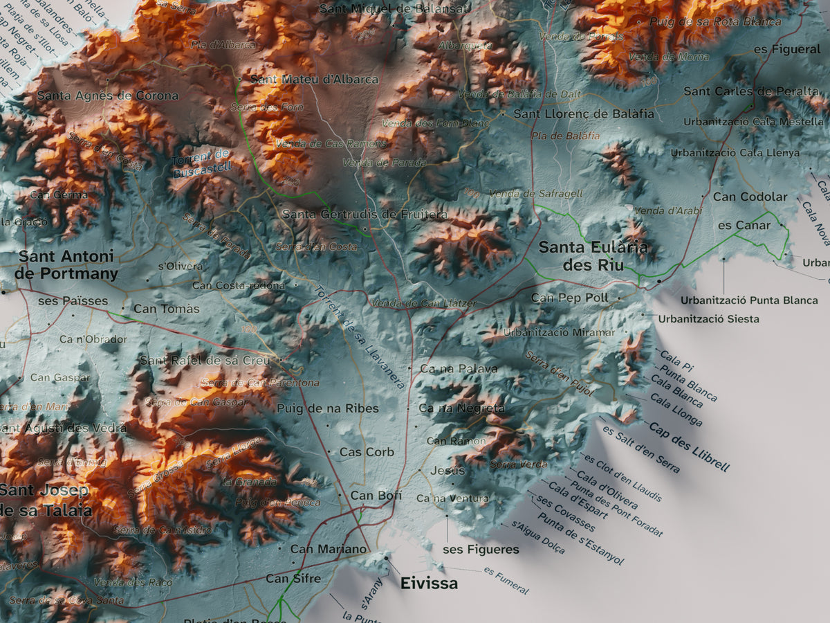 Edició octubre 2026 · Mapa topogràfic de Eivissa, Blau i taronja, 30 × 40 cm: detall central.