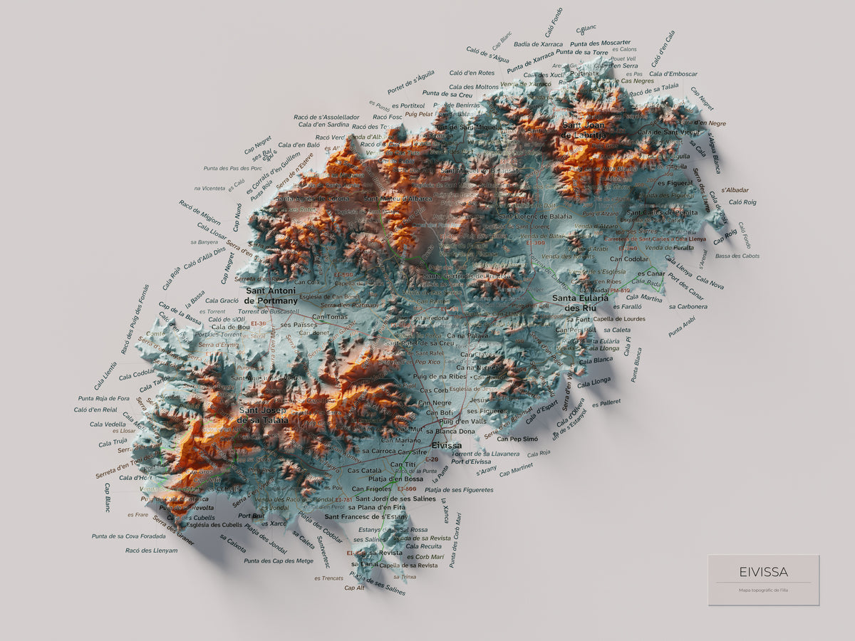 Mapa topogràfic d’Eivissa, Blau i taronja, 30 × 40 cm: mapa complet.