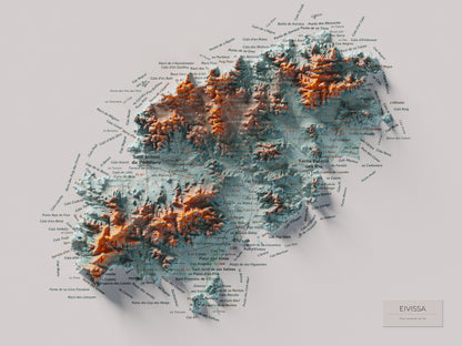 Mapa topogràfic d’Eivissa, Blau i taronja, 30 × 40 cm: mapa complet.