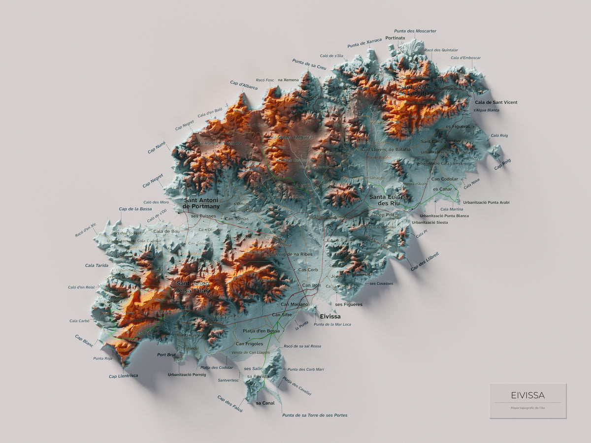 Edición revisada · Mapa topográfico de Ibiza (Eivissa), Azul y naranja, 30 × 40 cm: mapa completo.