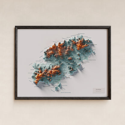 Edición revisada · Mapa topográfico de Ibiza (Eivissa), Azul y naranja, 30 × 40 cm: presentación en marco negro (marco no incluido).