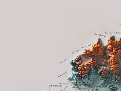 Edición revisada · Mapa topográfico de Ibiza (Eivissa), Azul y naranja, 30 × 40 cm: detalle superior izquierdo.