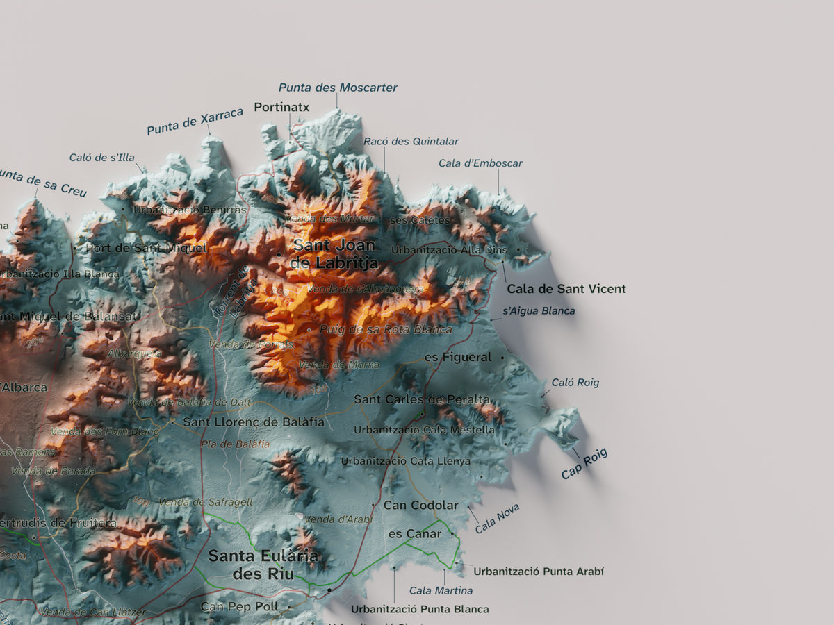 Edición revisada · Mapa topográfico de Ibiza (Eivissa), Azul y naranja, 30 × 40 cm: detalle superior derecho.