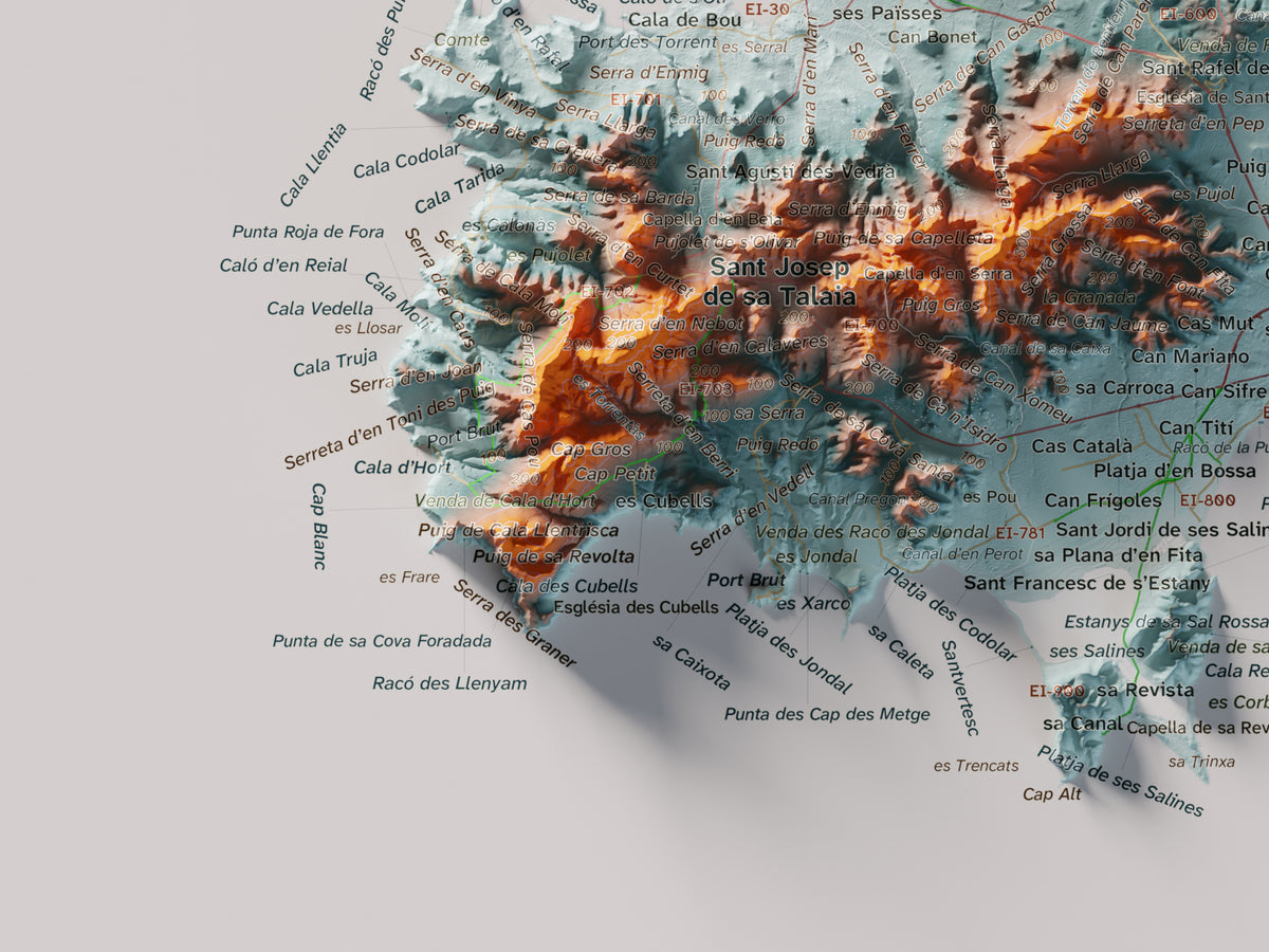 Mapa topogràfic d’Eivissa, Blau i taronja, 30 × 40 cm: detall inferior esquerre.