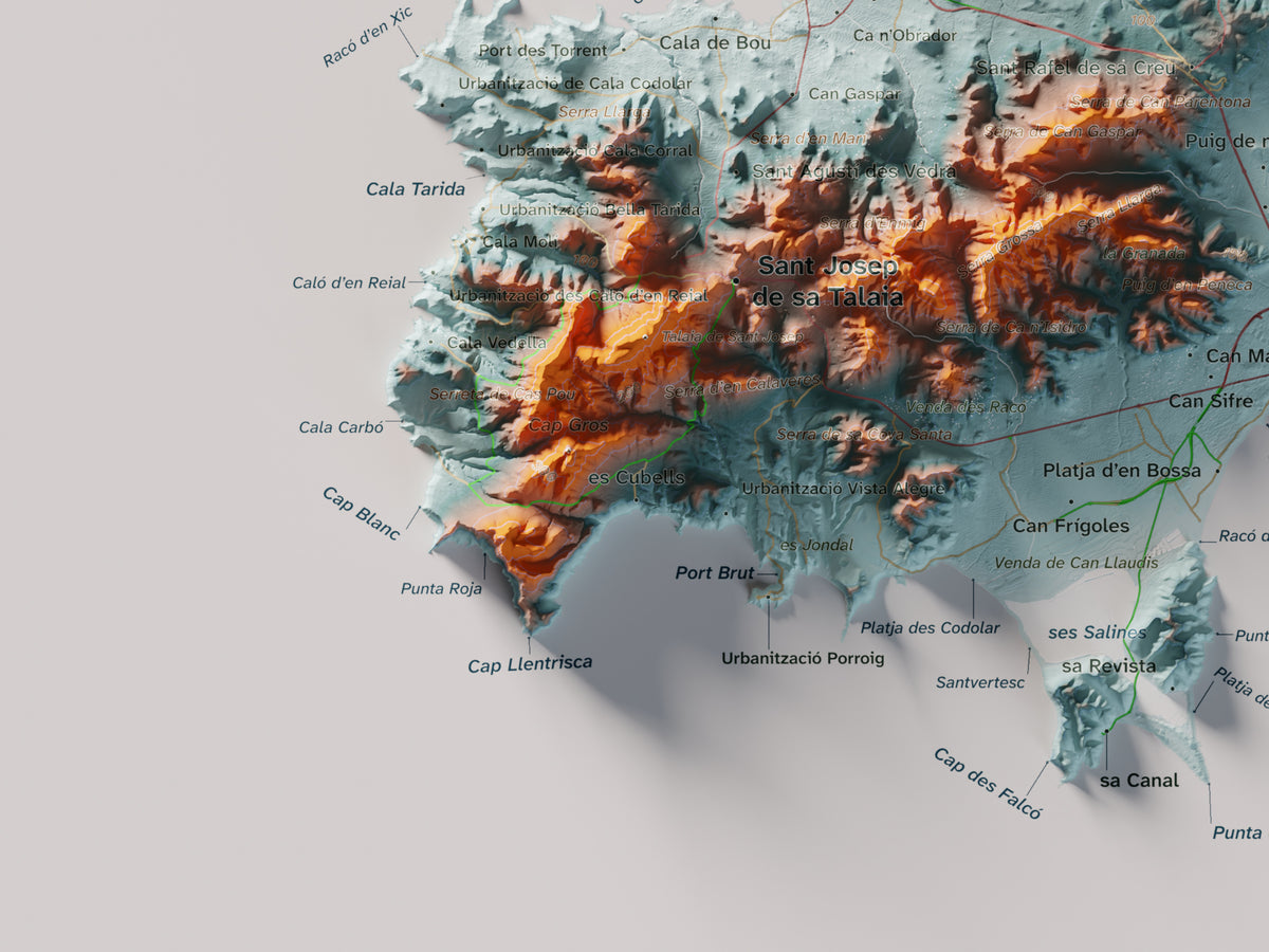 Edición revisada · Mapa topográfico de Ibiza (Eivissa), Azul y naranja, 30 × 40 cm: detalle inferior izquierdo.