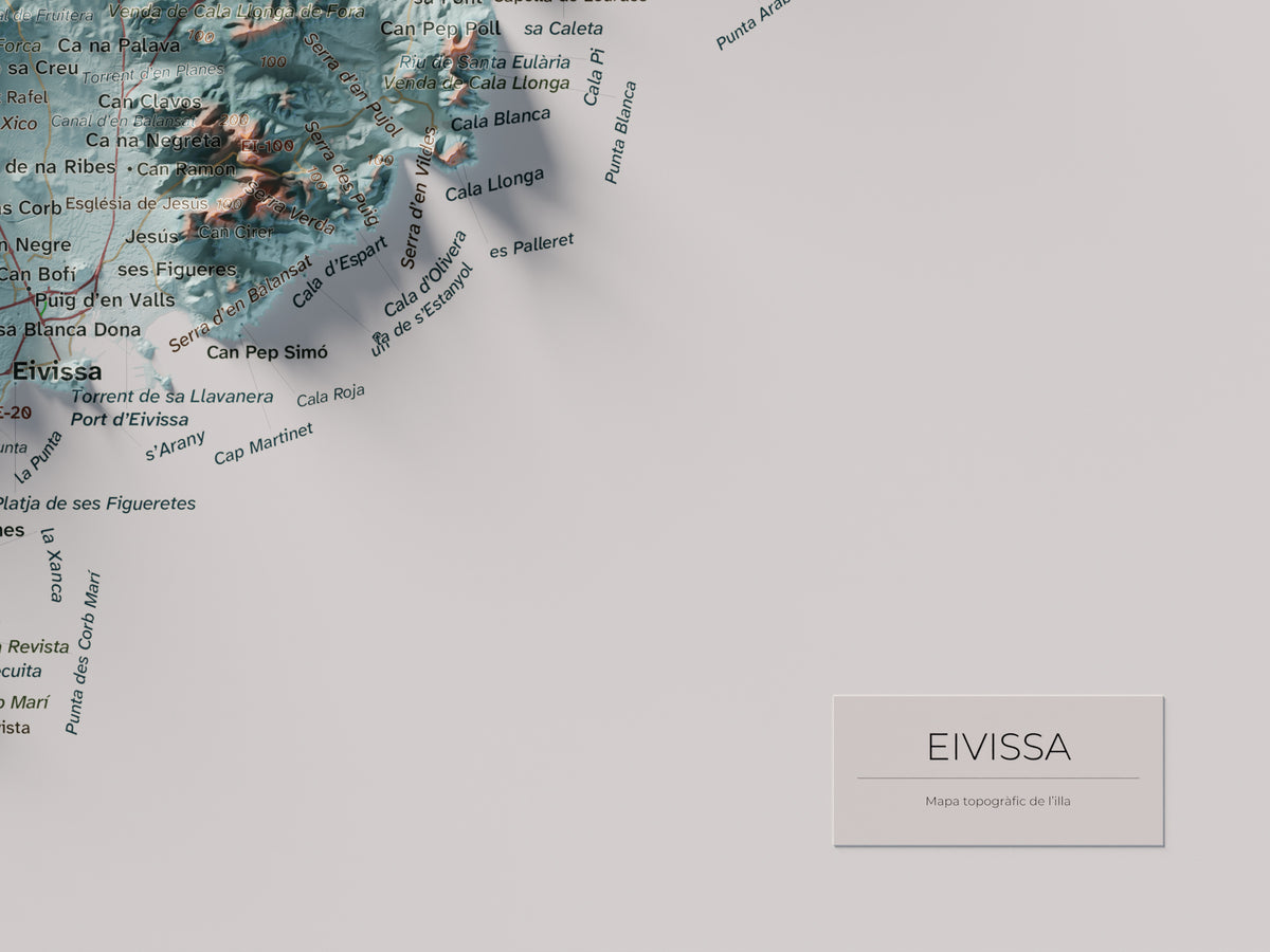 Mapa topogràfic d’Eivissa, Blau i taronja, 30 × 40 cm: detall inferior dret.