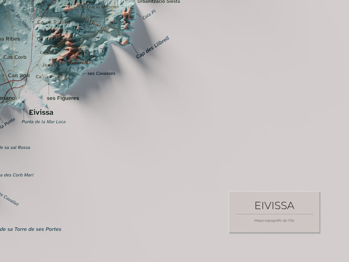 Edición revisada · Mapa topográfico de Ibiza (Eivissa), Azul y naranja, 30 × 40 cm: detalle inferior derecho.