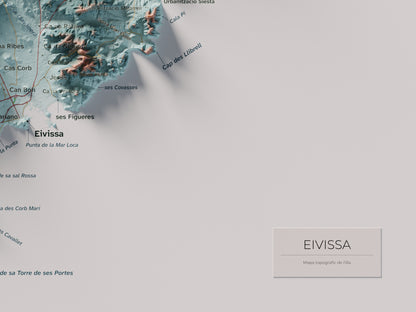 Edición revisada · Mapa topográfico de Ibiza (Eivissa), Azul y naranja, 30 × 40 cm: detalle inferior derecho.