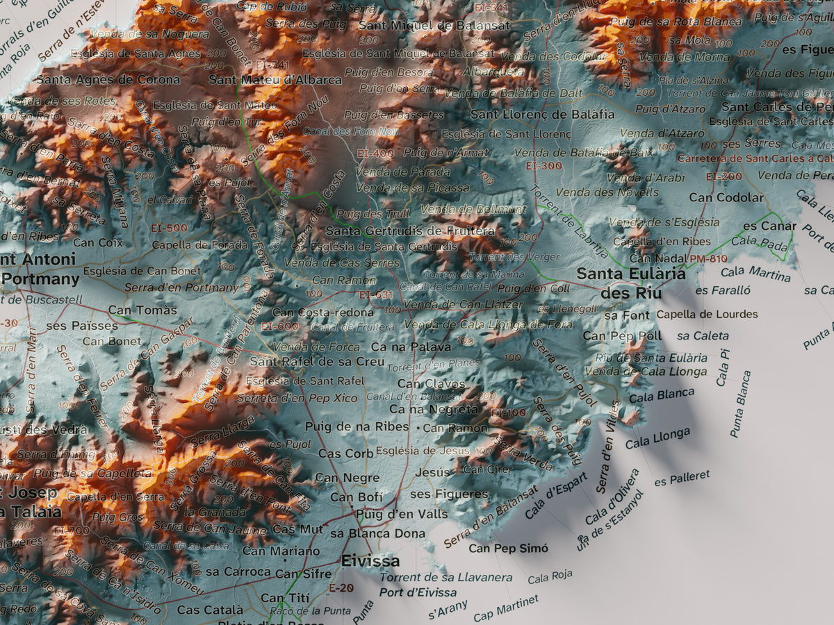 Mapa topogràfic d’Eivissa, Blau i taronja, 30 × 40 cm: detall central.