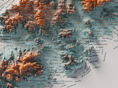 Mapa topogràfic d’Eivissa, Blau i taronja, 30 × 40 cm: detall central.