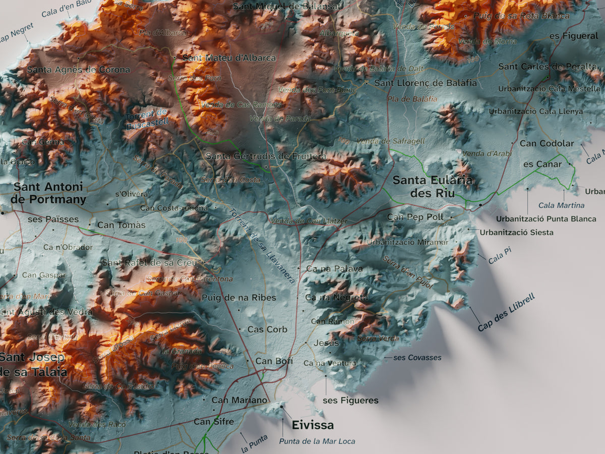 Edición revisada · Mapa topográfico de Ibiza (Eivissa), Azul y naranja, 30 × 40 cm: detalle central.