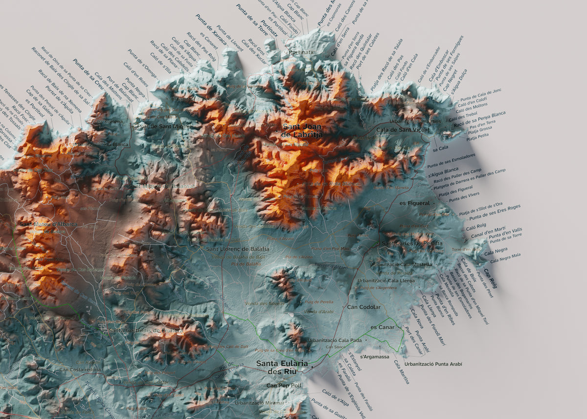 Edició octubre 2026 · Mapa topogràfic de Eivissa, Blau i taronja, 50 × 70 cm: detall de la costa nord-est.