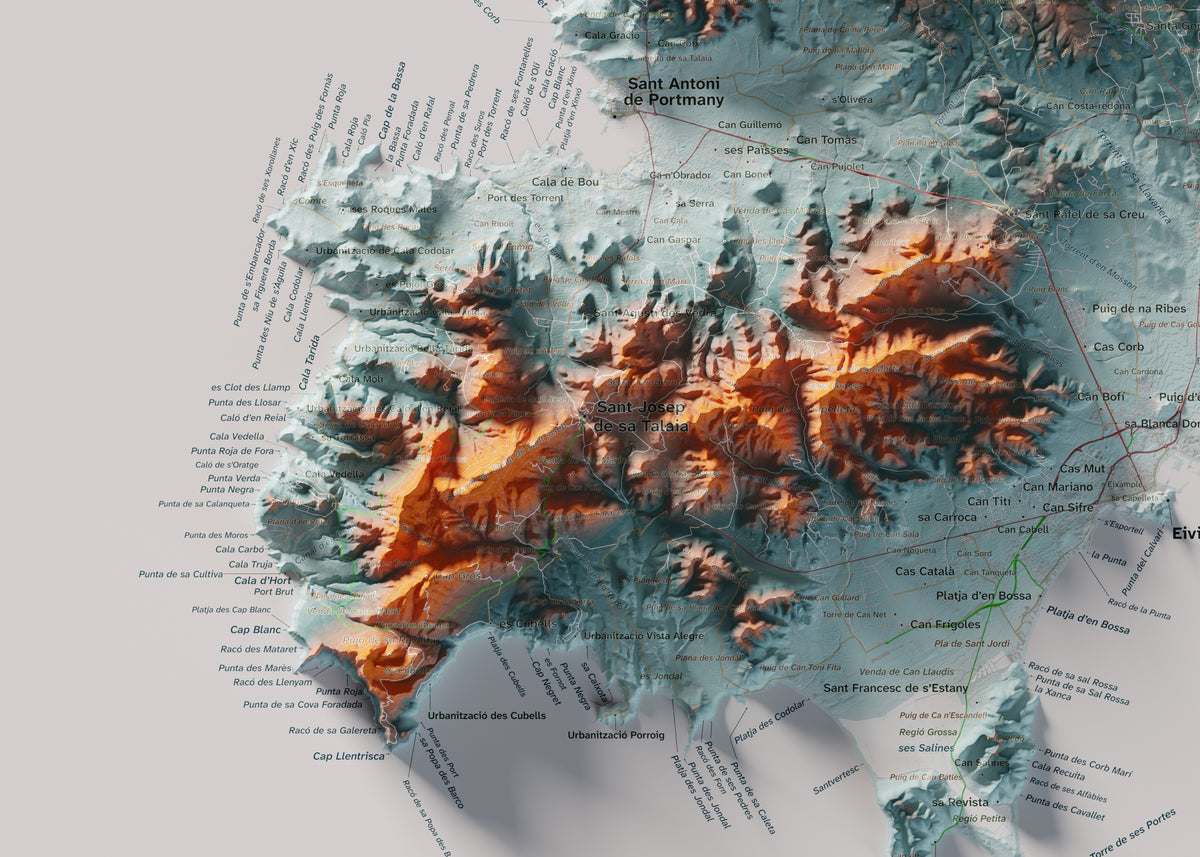 Edició octubre 2026 · Mapa topogràfic de Eivissa, Blau i taronja, 50 × 70 cm: detall de la costa sud-oest.