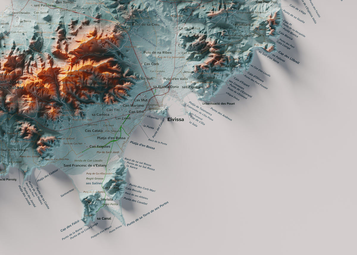 Edició octubre 2026 · Mapa topogràfic de Eivissa, Blau i taronja, 50 × 70 cm: detall de la costa sud-est.