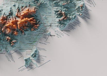 Edició octubre 2026 · Mapa topogràfic de Eivissa, Blau i taronja, 50 × 70 cm: detall de la costa sud-est.