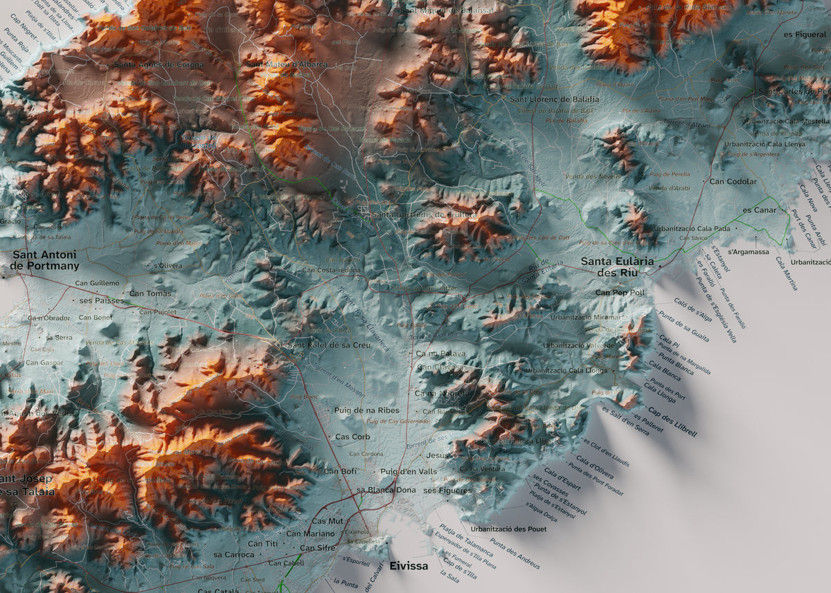 Edició octubre 2026 · Mapa topogràfic de Eivissa, Blau i taronja, 50 × 70 cm: detall central.