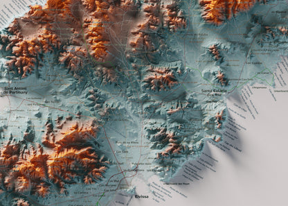 Edició octubre 2026 · Mapa topogràfic de Eivissa, Blau i taronja, 50 × 70 cm: detall central.