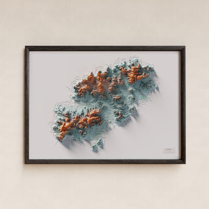 Mapa topogràfic d’Eivissa, Blau i taronja, 50 × 70 cm: presentació en marc negre (marc no inclòs).